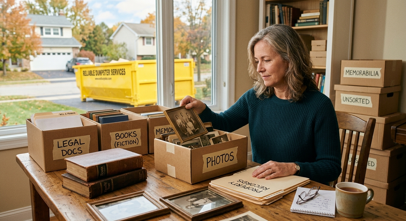 Sorting through family heirlooms and documents during an estate cleanout